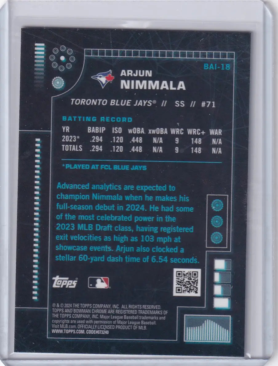 Baseball card of Arjun Nimmala with stats for Toronto Blue Jays from Bowman Baseball