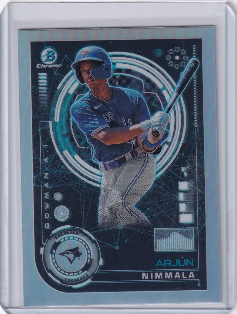 Baseball trading card of Arjun Nimmala in batting stance for Toronto Blue Jays Bowman Baseball