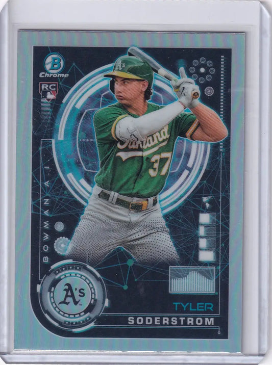 Baseball card of Tyler Soderstrom in batting stance for Bowman Baseball Oakland Athletics