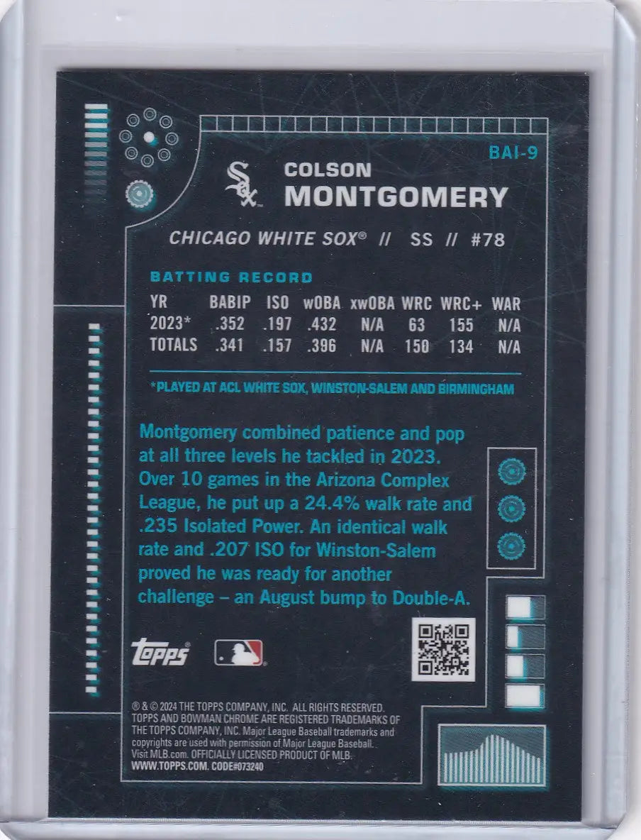 Colson Montgomery baseball card featuring statistics for the Chicago White Sox Bowman Baseball