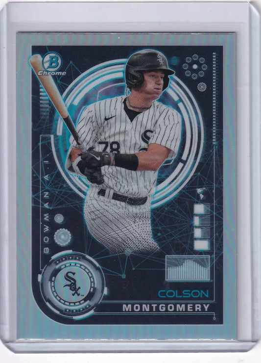 Baseball card of Colson Montgomery in pinstriped uniform for Chicago White Sox, Bowman Baseball