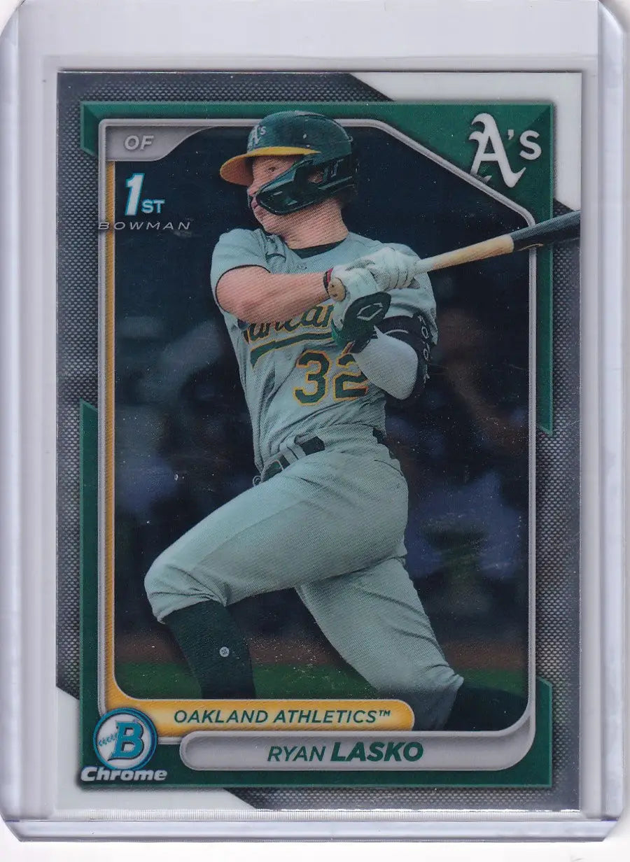 Baseball card of Ryan Lasko in batting stance for Oakland Athletics Bowman Baseball