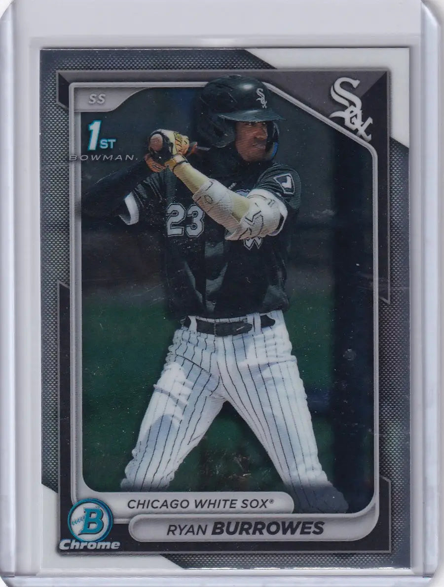 Baseball card of Ryan Burrowes in batting stance, Chicago White Sox, Bowman Baseball