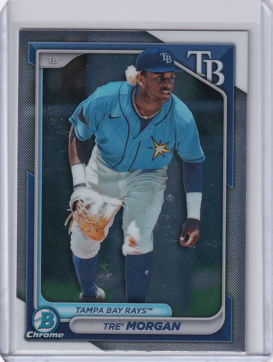 Baseball card of Tre Morgan in light blue Tampa Bay Rays jersey from Bowman Baseball