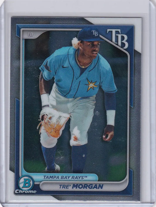 Baseball card of Tre Morgan in light blue Tampa Bay Rays jersey from Bowman Baseball