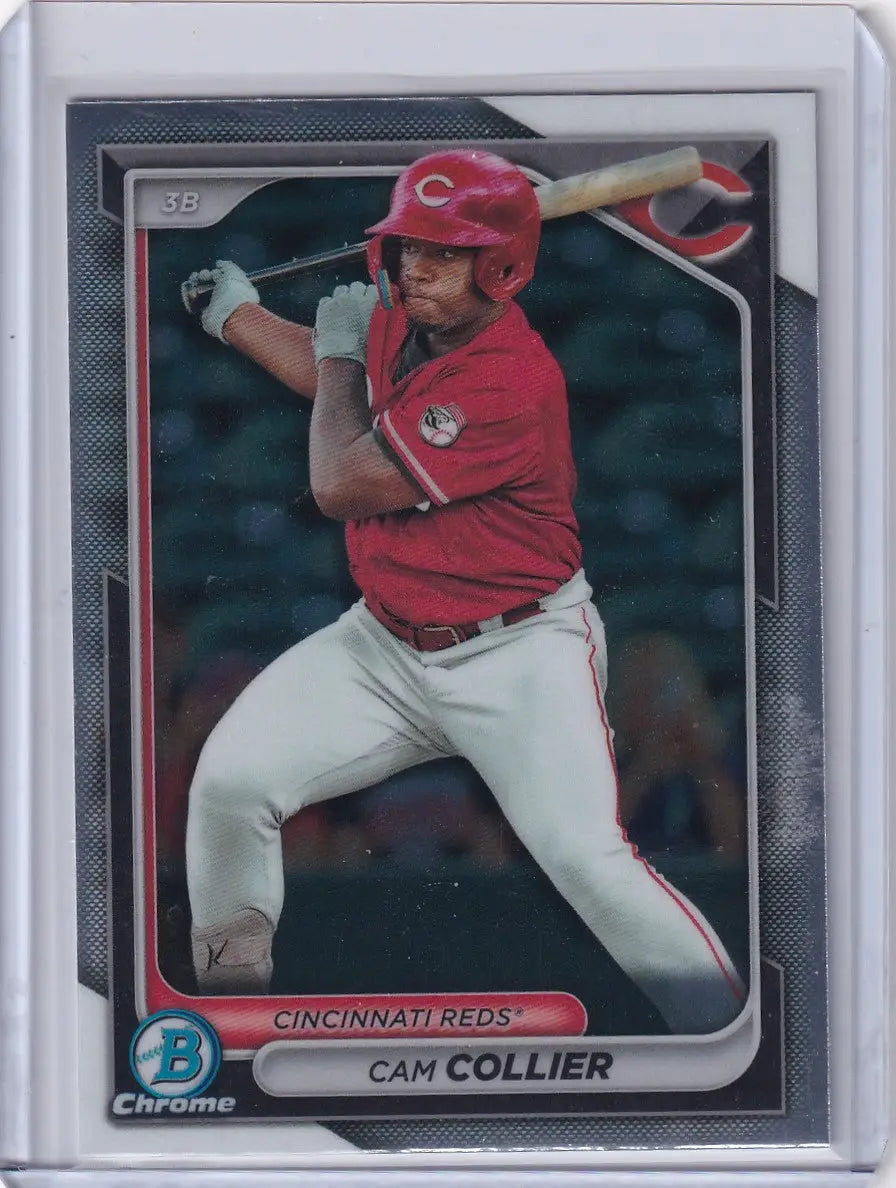 Baseball card of Cam Collier in batting stance for Cincinnati Reds Bowman Baseball