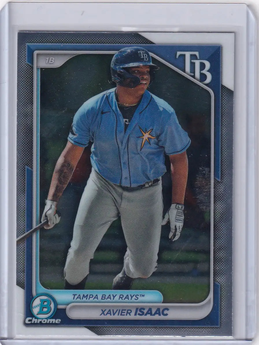 Baseball card of Xavier Isaac in light blue uniform for Tampa Bay Rays - Bowman Baseball