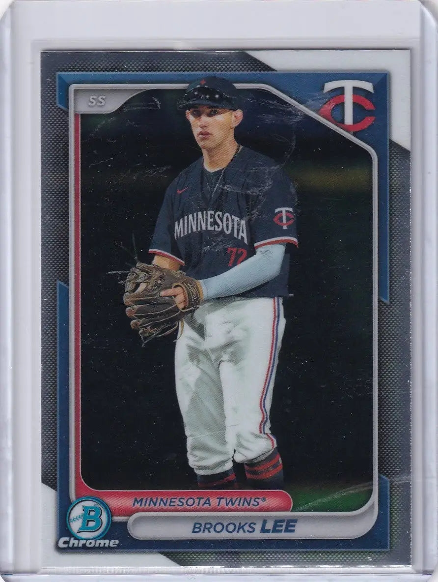 Baseball card of Brooks Lee in a navy Minnesota Twins jersey by Bowman Baseball