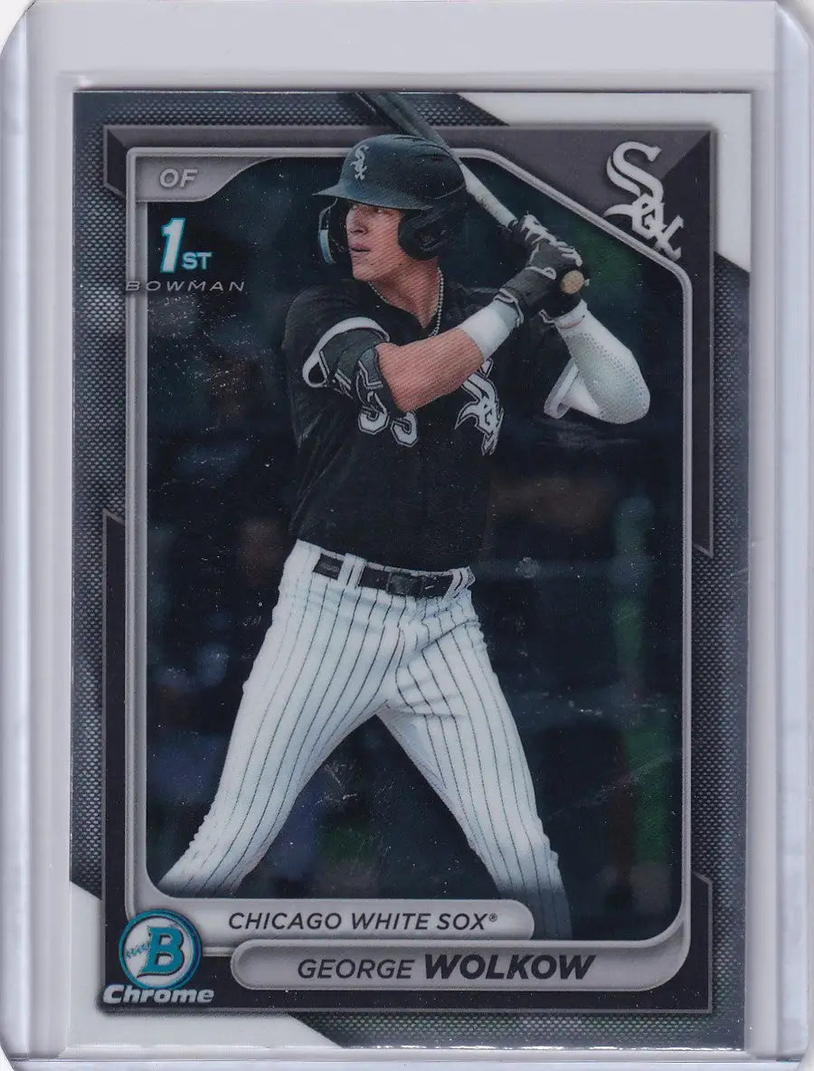 Chicago White Sox player George Wolkow in batting stance on 2024 Bowman Baseball card