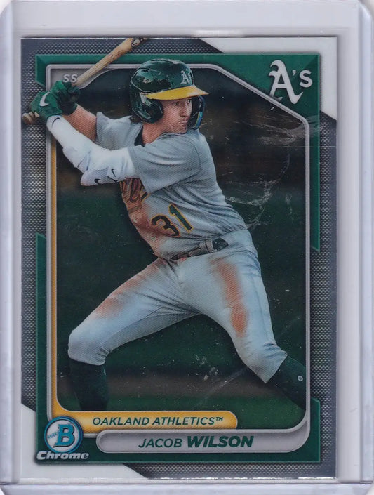 Baseball card of Jacob Wilson in batting stance, Bowman Baseball, Oakland Athletics