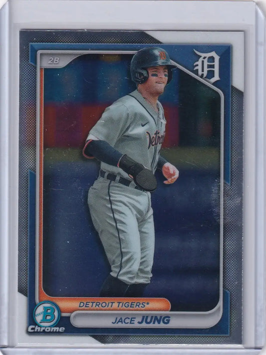 Baseball card of Jace Jung in batting stance for Detroit Tigers, 2024 Bowman Baseball