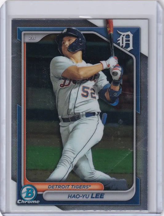 Baseball card of Hao-Yu Lee in a batting stance, Detroit Tigers Bowman Baseball trading card