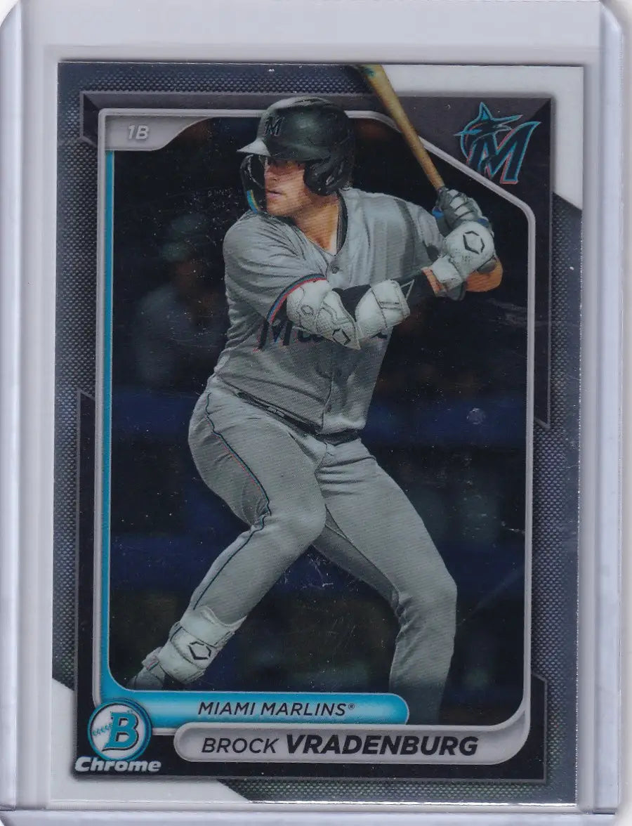 Baseball card of Brock Vradenburg, Miami Marlins player in batting stance for Bowman Baseball