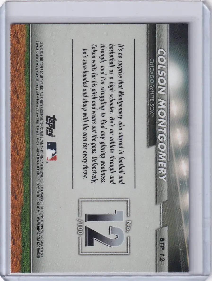 Baseball card featuring Colson Montgomery number 12 for Chicago White Sox Bowman Baseball