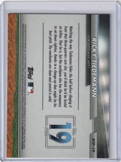 Baseball trading card of Ricky Tiedemann for Bowman Baseball, Toronto Blue Jays design