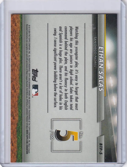 Back of 2024 Bowman Baseball card #BTP-5 Ethan Salas from San Diego Padres