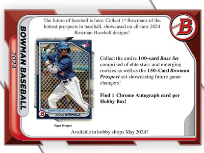 Advertisement card for 2024 Bowman Baseball HTA Jumbo Box featuring refractor parallels