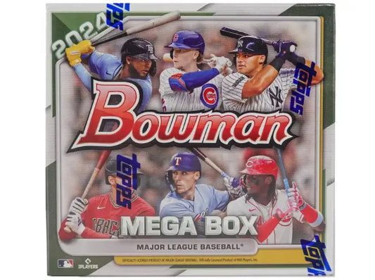 2024 Bowman Baseball Mega Box showcasing MLB players and featuring black mega refractor cards