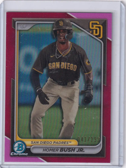 Pink-bordered Bowman Baseball card of Homer Bush Jr. in San Diego Padres uniform