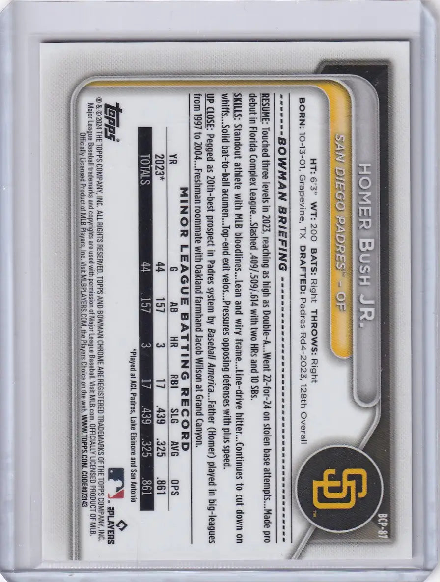 Back side of a Bowman Baseball Pink trading card featuring San Diego Padres stats and logo