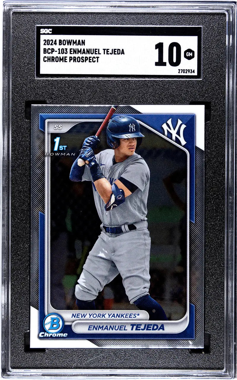 Graded baseball card of Enmanuel Tejeda SGC 10 in Yankees gray uniform