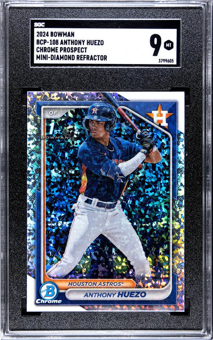 Graded baseball card of Anthony Huezo Mini Diamond SGC 9 with blue sparkly background