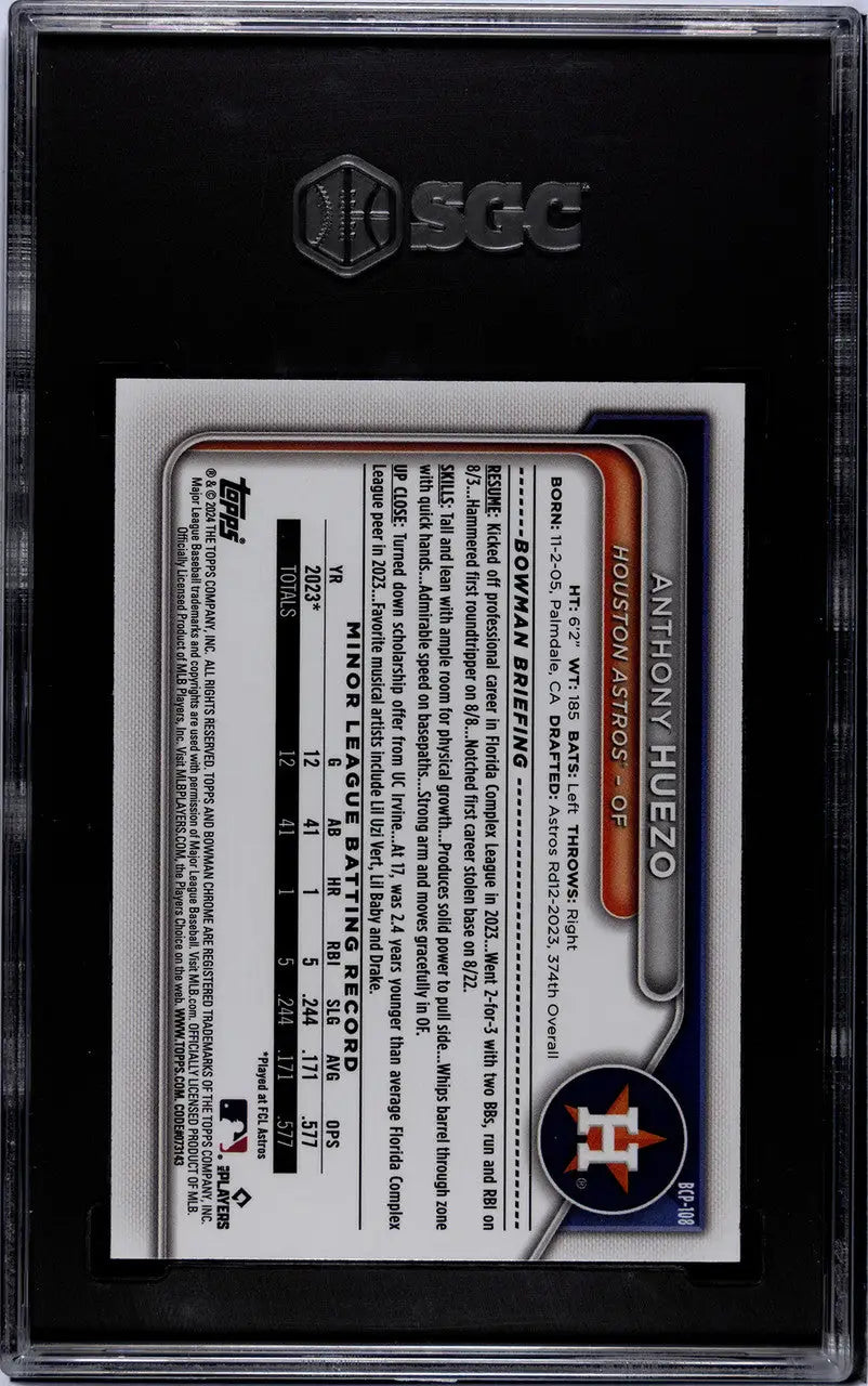 Back side of 2024 Bowman Anthony Huezo Mini Diamond SGC 9 in protective case