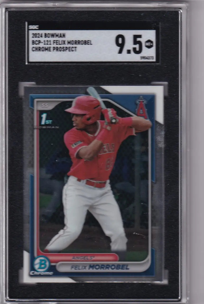 Graded Felix Morrobel SGC baseball card in batting stance, Los Angeles Angels red uniform