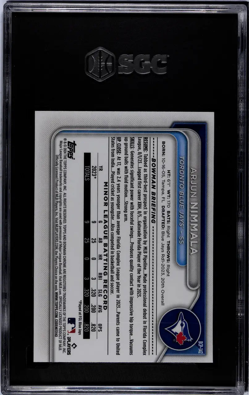 Black plastic BGS card holder with 2024 Arjun Nimmala SGC 10 Toronto Blue Jays card