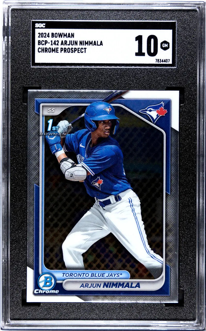 Graded baseball card of Arjun Nimmala SGC in batting stance for Toronto Blue Jays