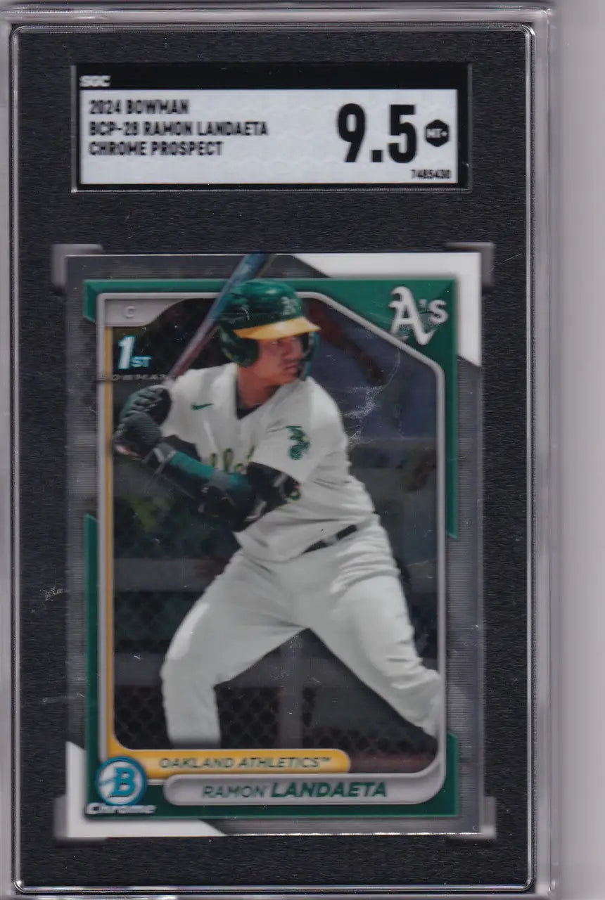 Graded Ramon Landaeta SGC 9.5 baseball card in protective case, Oakland Athletics