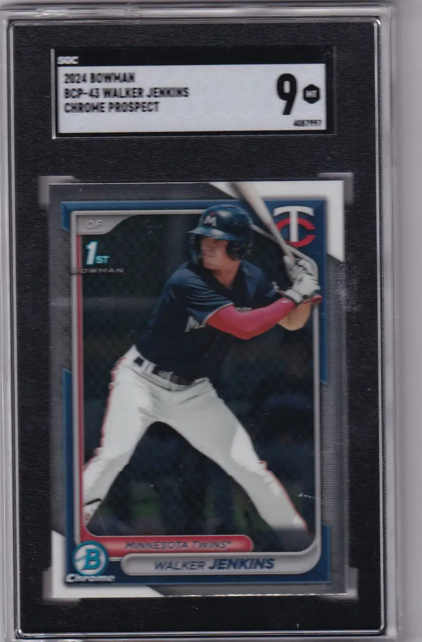 Graded Walker Jenkins SGC 9 baseball card in case featuring Minnesota Twins player