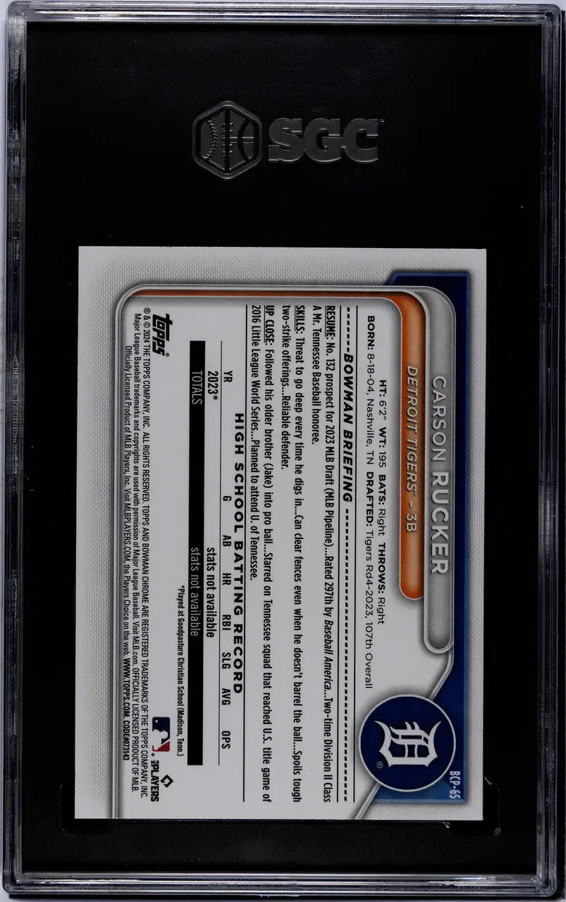 Back side of 2024 Bowman Carson Rucker SGC 10 baseball card in protective case