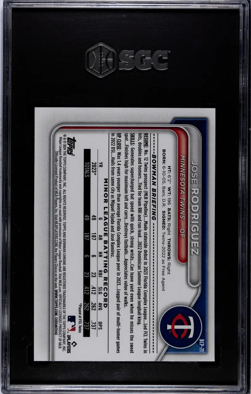 Back side of 2024 Bowman BCP-71 Jose Rodriguez SGC 10 baseball card in protective case