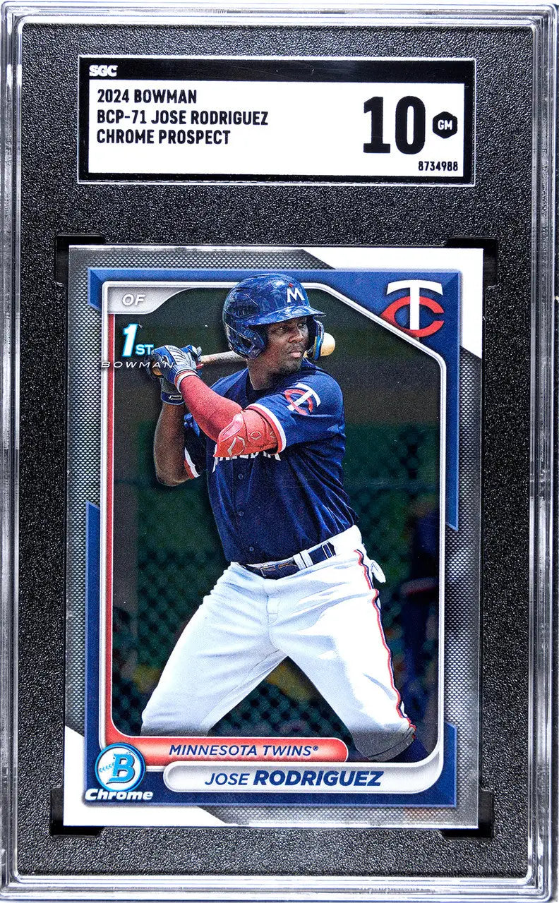 Graded baseball card of Jose Rodriguez SGC in blue and white uniform at bat for Twins