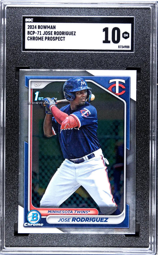 Graded baseball card of Jose Rodriguez SGC in blue and white uniform at bat for Twins