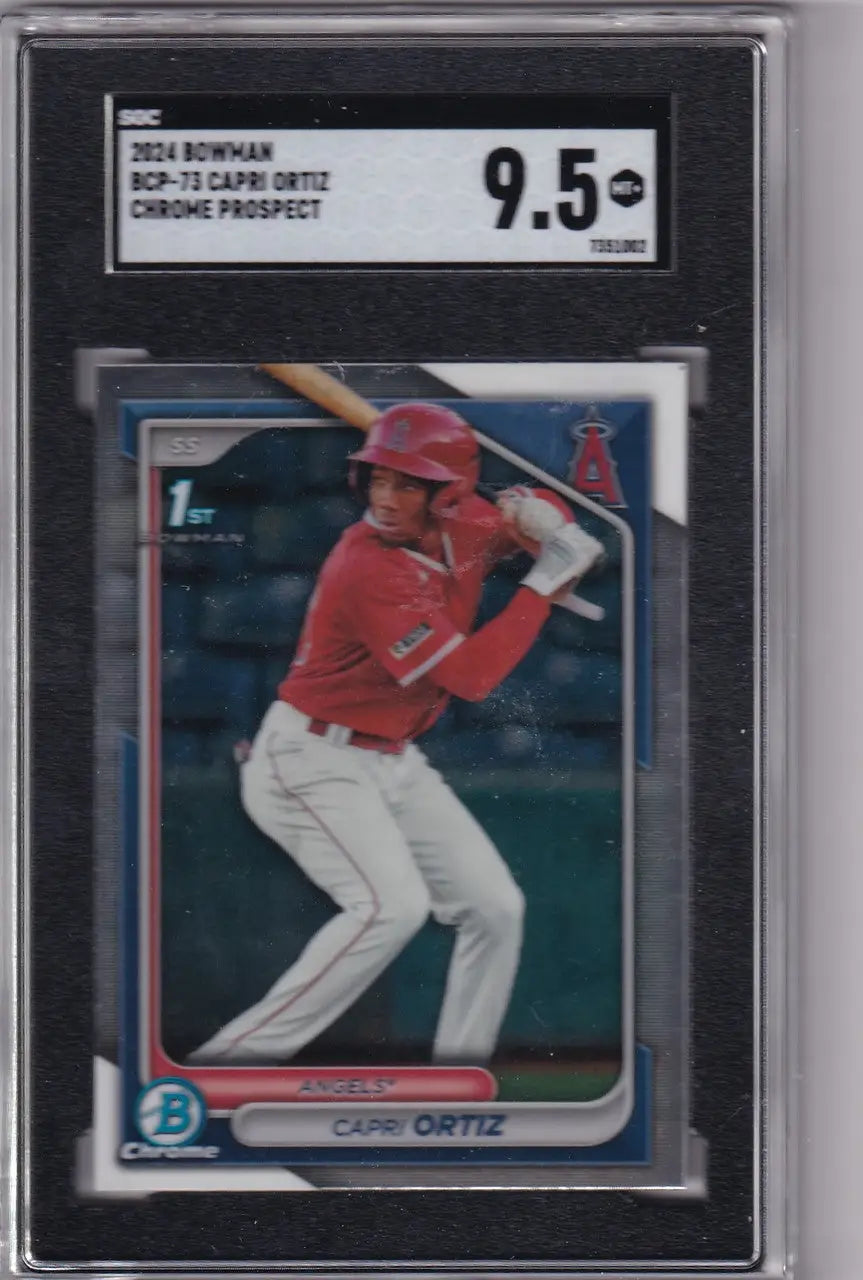 Graded 2024 Bowman Capri Ortiz SGC 9.5 baseball card of Los Angeles Angels player at bat