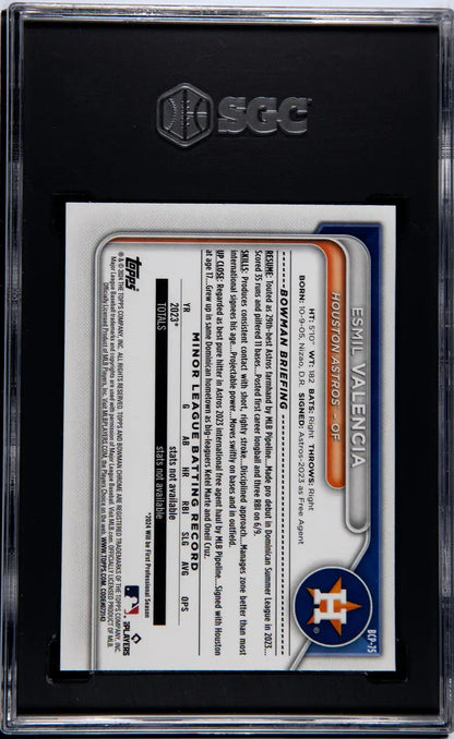 Graded Esmil Valencia SGC 10 GEM MINT card in protective case - Houston Astros