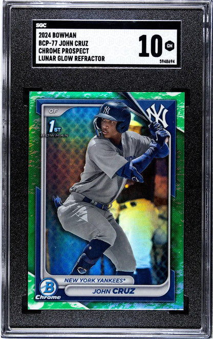 Graded BGS 10 Bowman Chrome green refractor of John Cruz Lunar Glow New York Yankees batter