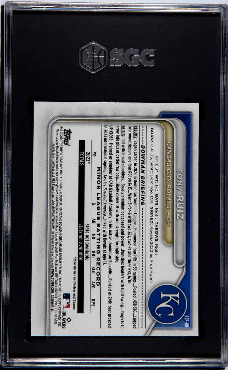 Graded Tony Ruiz SGC 9.5 card in protective case for Kansas City Royals fans