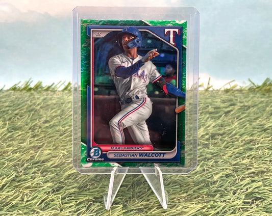 Texas Rangers trading card featuring 2024 Bowman Green Lunar Refractor in clear display