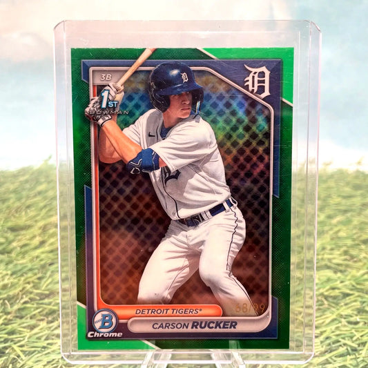 Baseball trading card featuring Carson Rucker in a Detroit Tigers uniform, True Green Refractor