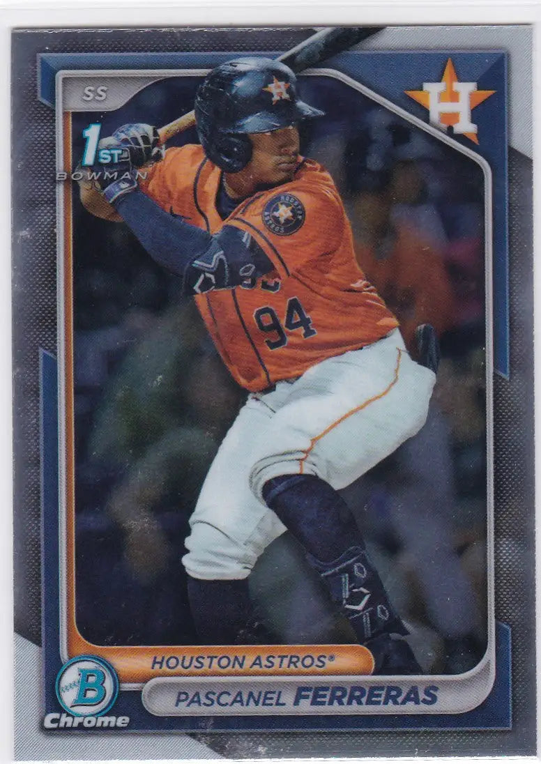 Baseball card of Pascanel Ferreras 1st Bowman Houston Astros in orange jersey 94