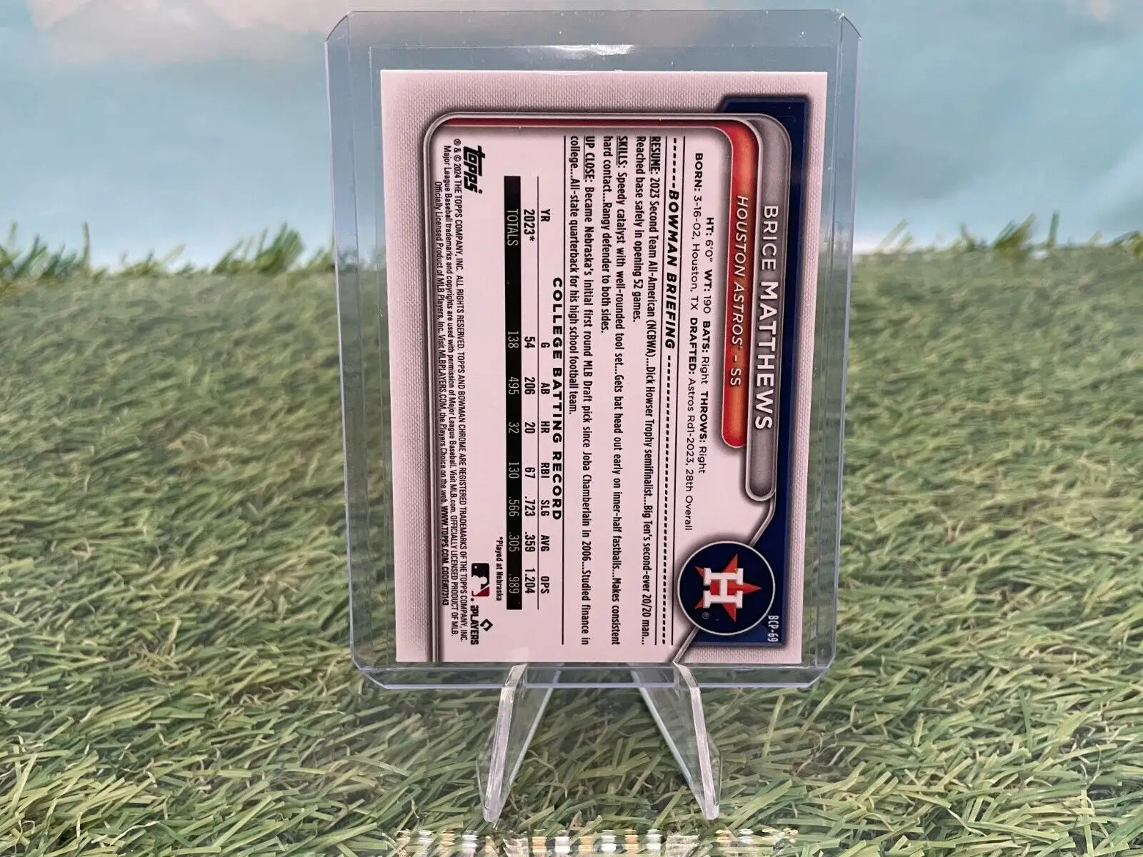 Baseball card in protective case featuring Brice Matthews 1st Bowman Rookie for Houston Astros