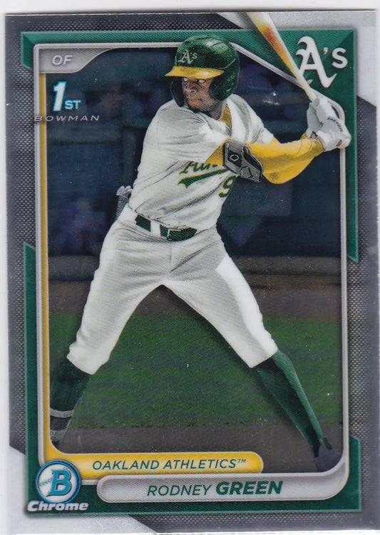 Baseball card of Rodney Green in batting stance from 2024 Bowman Chrome Draft