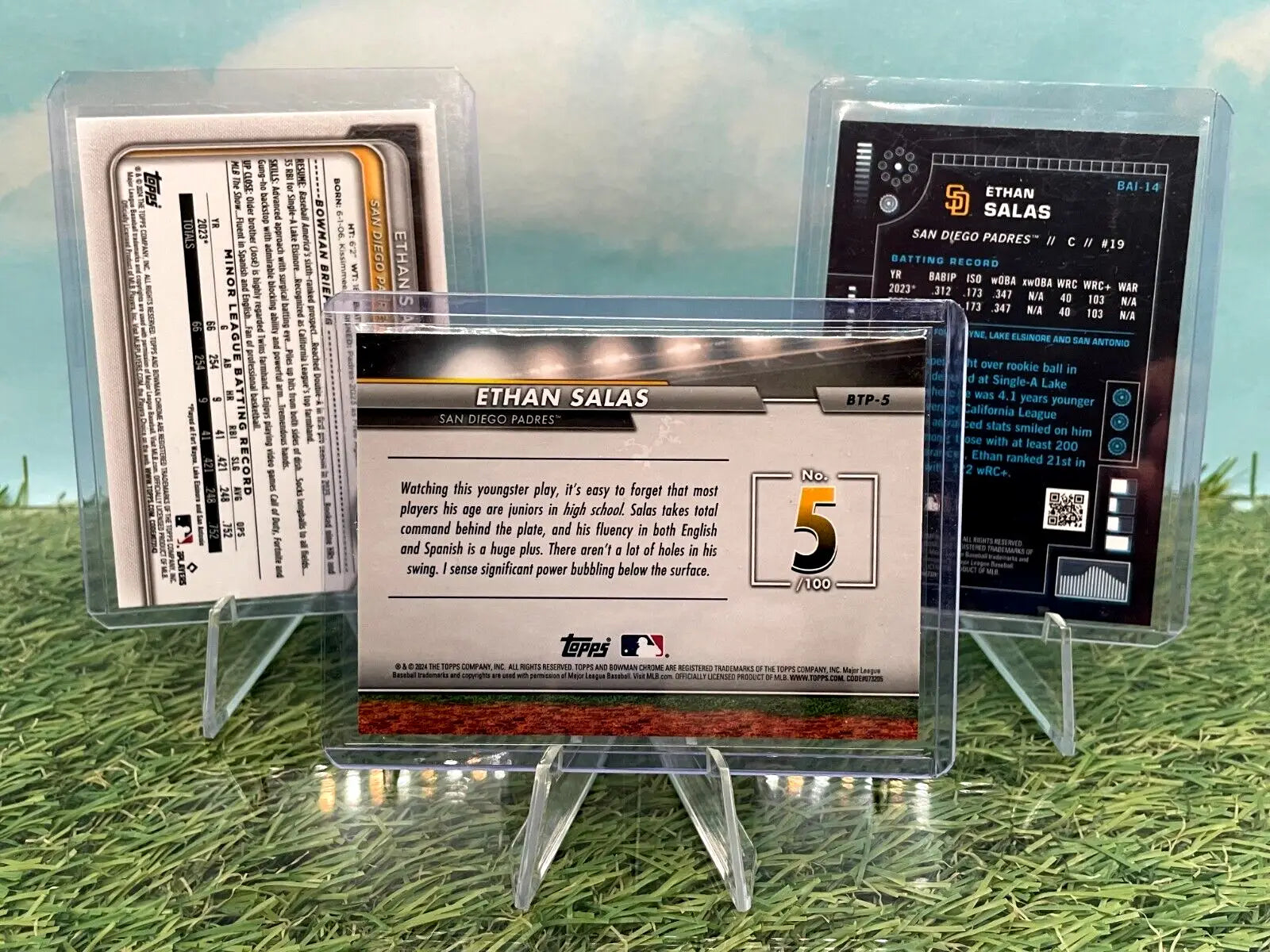 Baseball cards in protective cases featuring Ethan Salas, Bowman Chrome, San Diego Padres