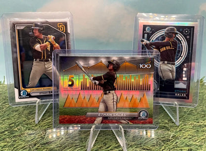 Three Ethan Salas baseball cards from 2024 Bowman Chrome for San Diego Padres fans