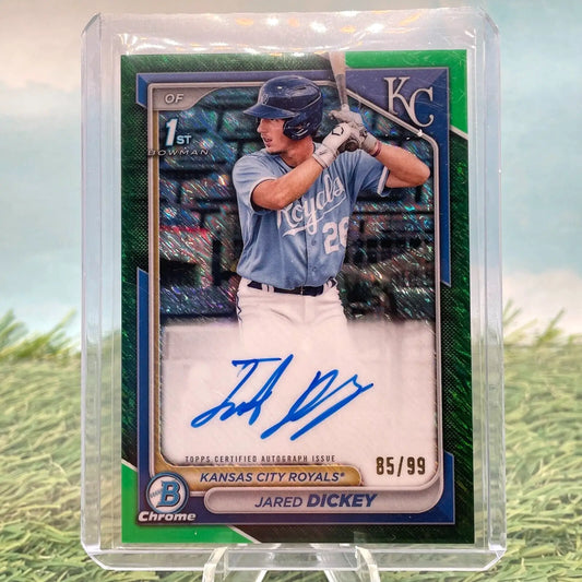 Jared Dickey autographed baseball card from 2024 Bowman Chrome Prospect Green Refractor