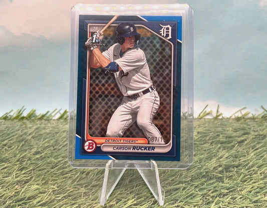 2024 Bowman Chrome Prospects Blue Lava card of Carson Rucker batting for Tigers