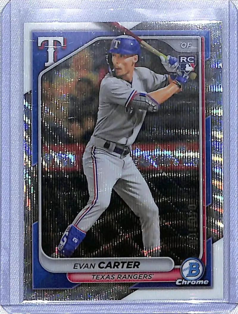 Baseball card of Evan Carter in gray Texas Rangers uniform, Refractor Wave edition